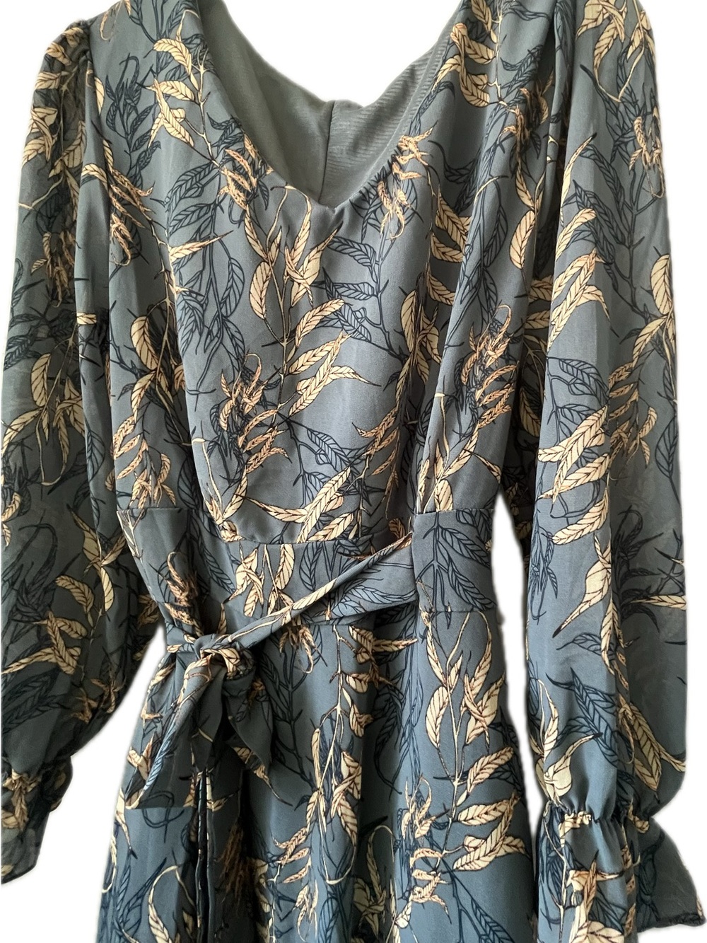 Slate Sage Leaf-Print Tie-Waist Midi Dress